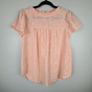 Ann Taylor LOFT Peach Short Sleeve Top Embroidered Women's S Floral Ruffle Sheer